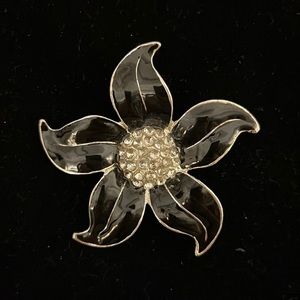 Black Enamel & Clear Rhinestones Silver Tone Large Vintage‎ Pin Brooch